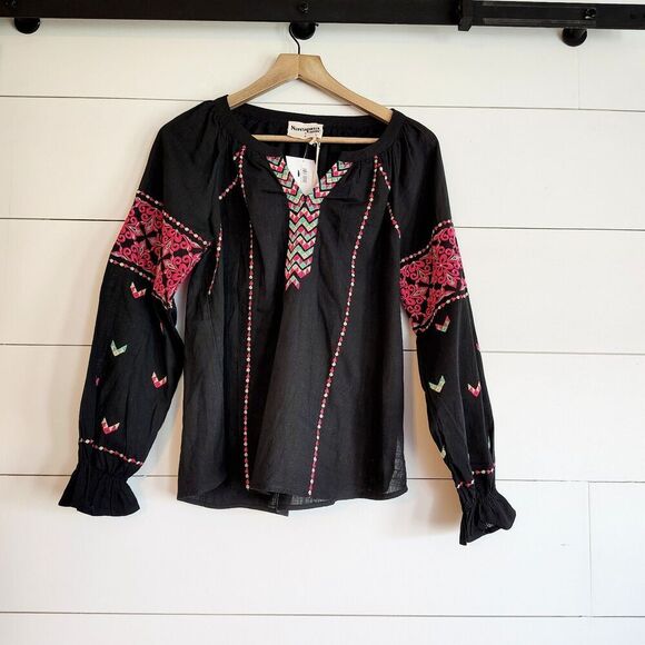 Savanna Jane Top Small Black Embroidered Sleeve Boho Peasant Folk Artisan NWT - Picture 2 of 8